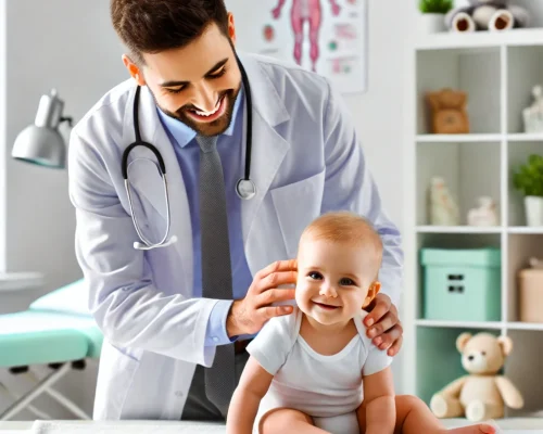 DALL·E 2024-12-17 15.47.10 - A pediatric doctor gently examining a baby in a bright, welcoming medical office. The doctor is smiling and wearing a white coat with a stethoscope ar